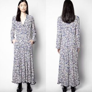 Zadig & Voltaire blue white Begonia floral silk Relic black lace trim maxi dress